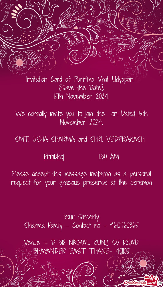 Invitation Card of Purnima Vrat Udyapan