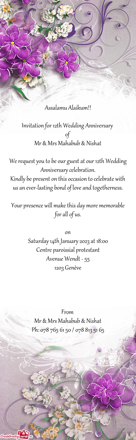 Invitation for 12th Wedding Anniversary