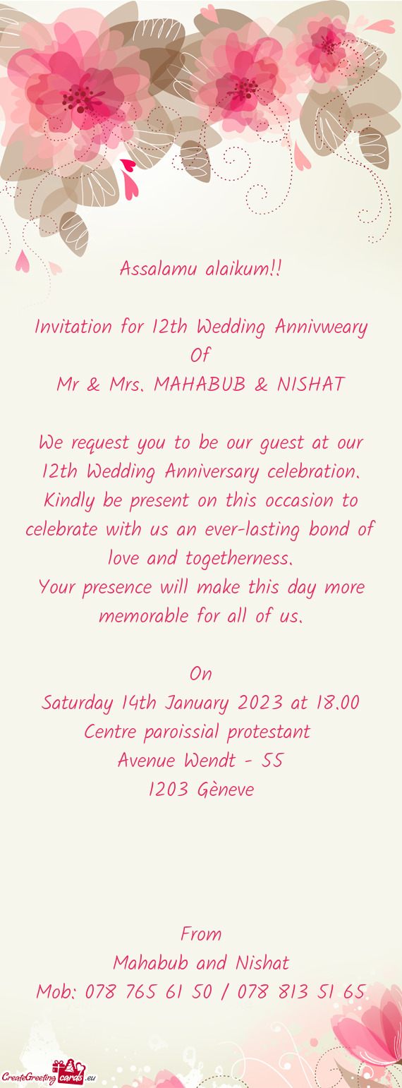 Invitation for 12th Wedding Annivweary