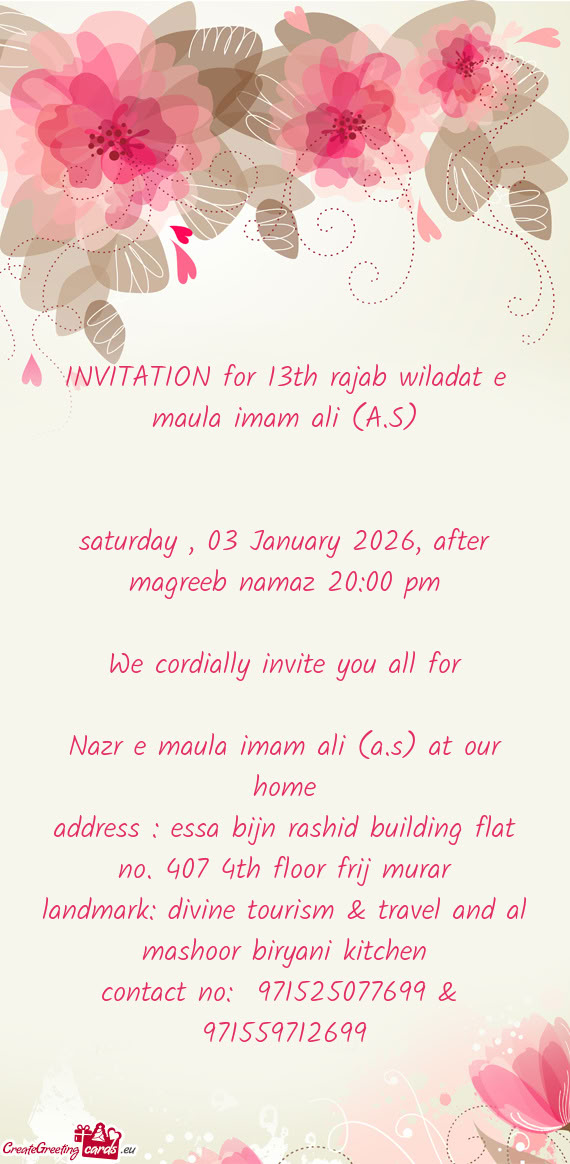 INVITATION for 13th rajab wiladat e maula imam ali (A.S)