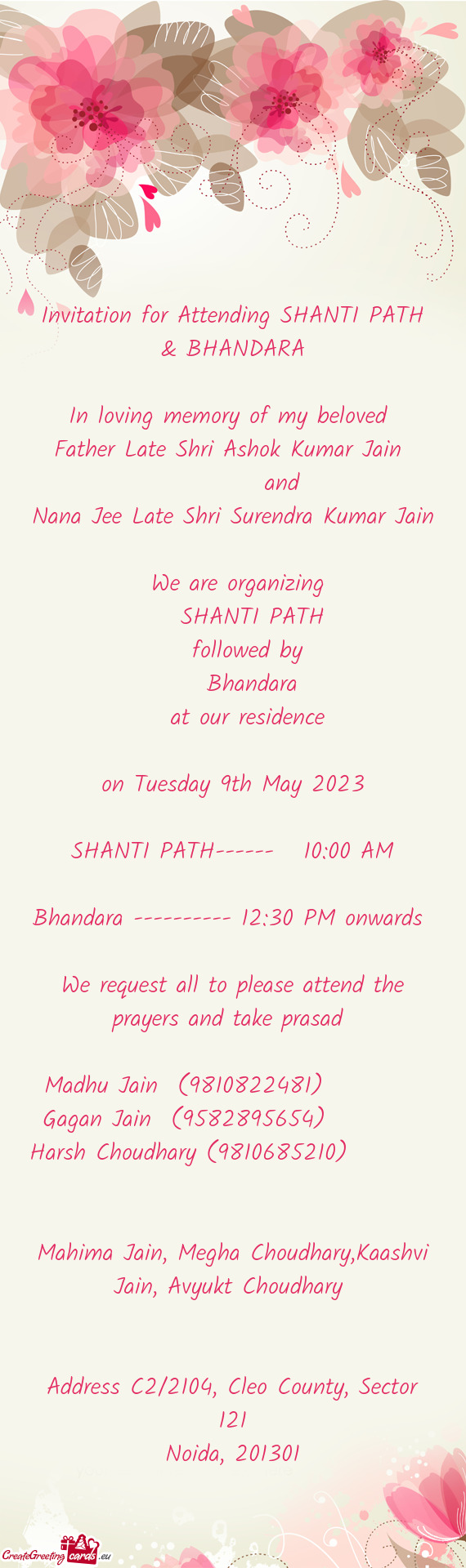 Invitation for Attending SHANTI PATH & BHANDARA