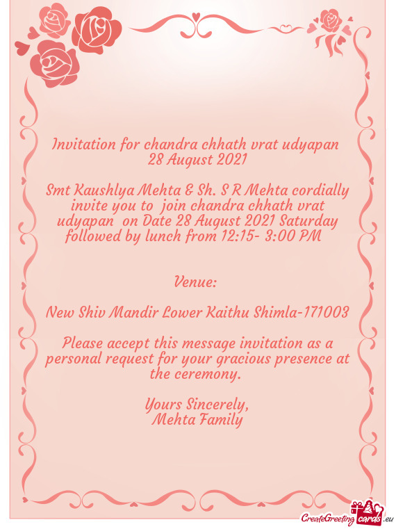 Invitation for chandra chhath vrat udyapan