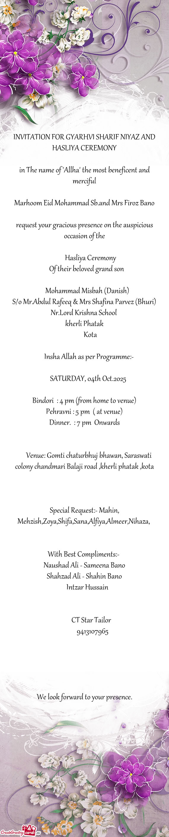INVITATION FOR GYARHVI SHARIF NIYAZ AND HASLIYA CEREMONY