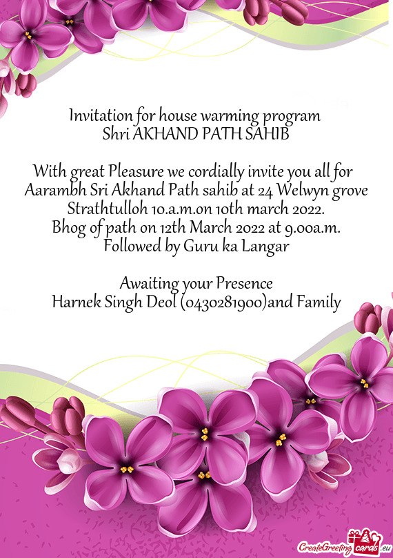 Invitation for house warming program