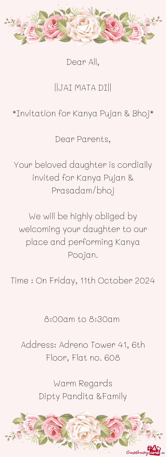 Invitation for Kanya Pujan & Bhoj