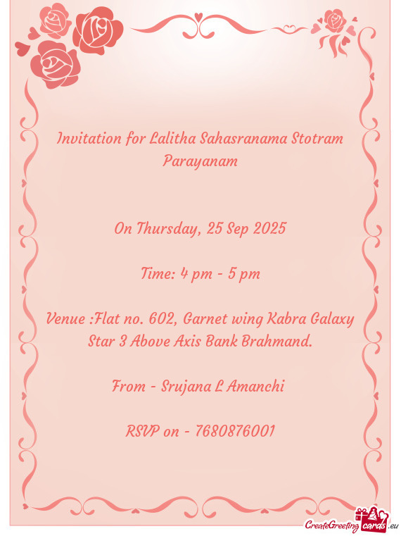 Invitation for Lalitha Sahasranama Stotram Parayanam