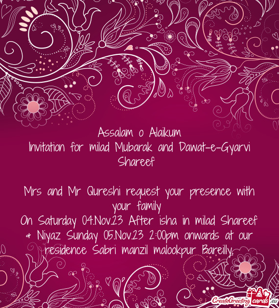 Invitation for milad Mubarak and Dawat-e-Gyarvi Shareef