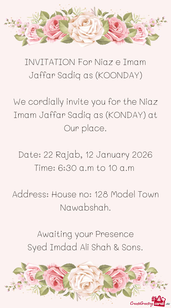 INVITATION For Niaz e Imam Jaffar Sadiq as (KOONDAY)