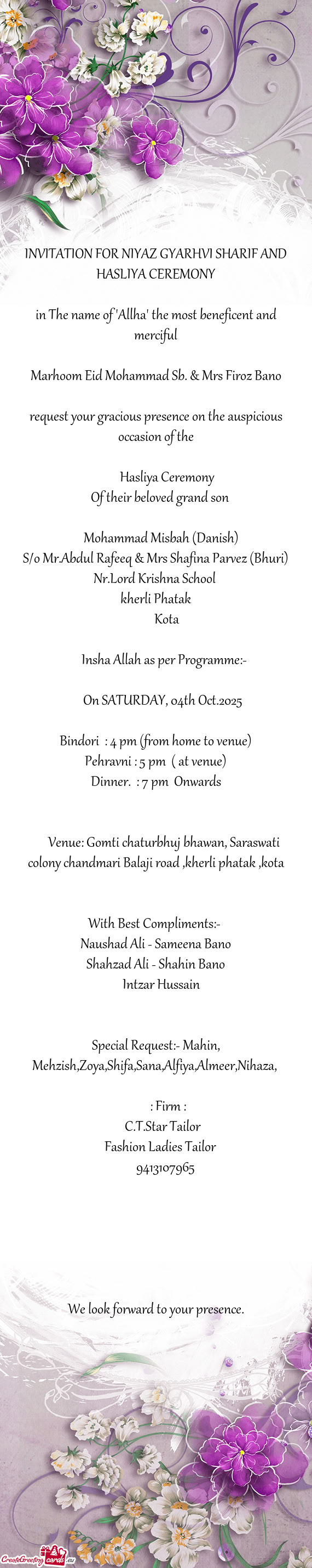 INVITATION FOR NIYAZ GYARHVI SHARIF AND HASLIYA CEREMONY