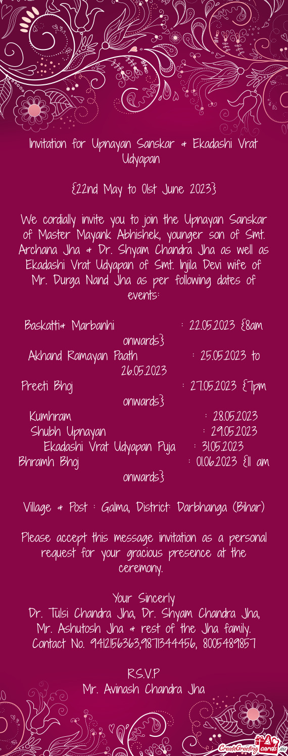 Invitation for Upnayan Sanskar & Ekadashi Vrat Udyapan