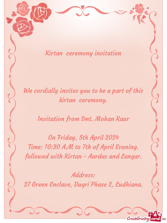 Invitation from Smt. Mohan Kaur