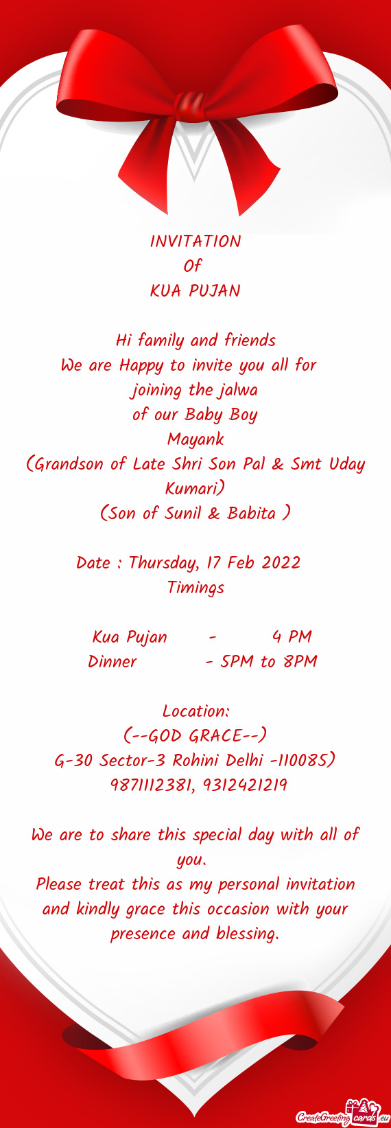INVITATION
 Of 
 KUA PUJAN
 
 Hi family and friends
 We are Happy to invite you all for 
 joining