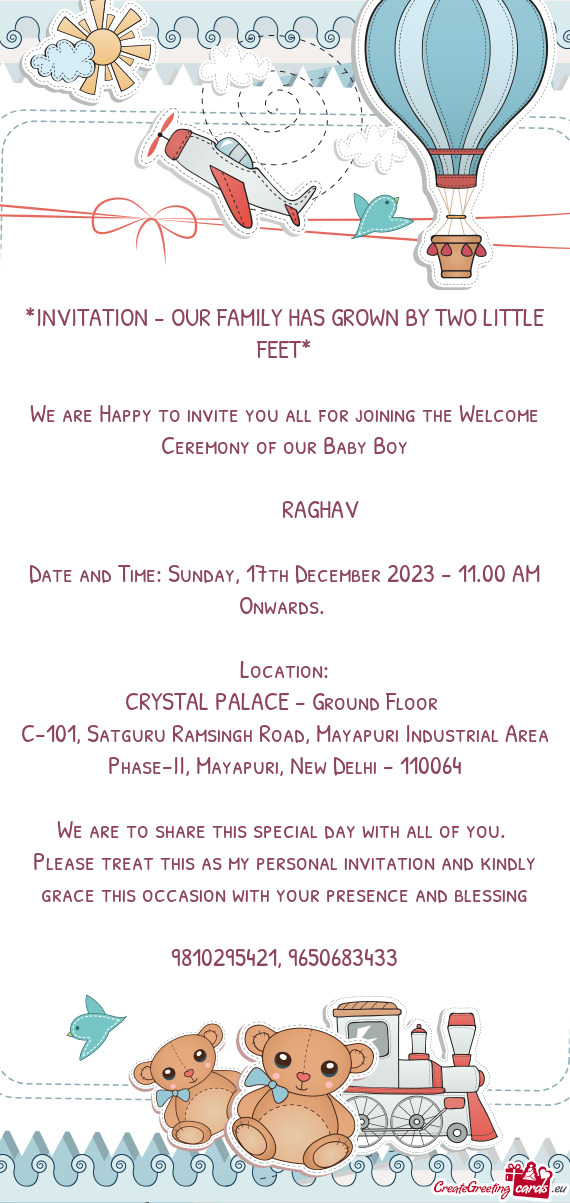 INVITATION - OUR FAMILY HAS GROWN BY TWO LITTLE FEET