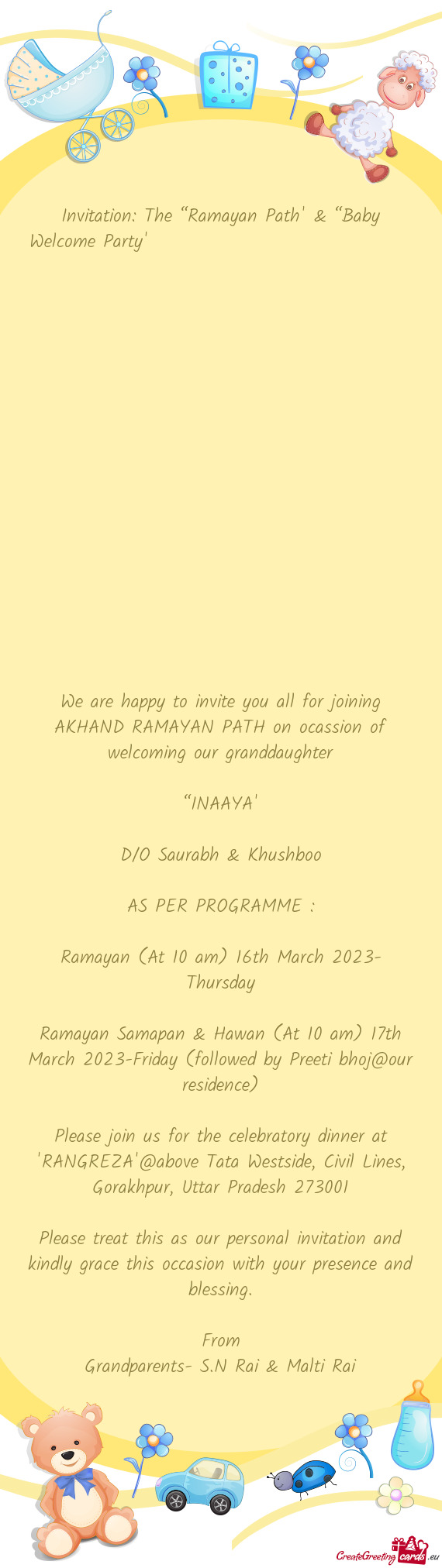 Invitation: The “Ramayan Path” & “Baby Welcome Party”