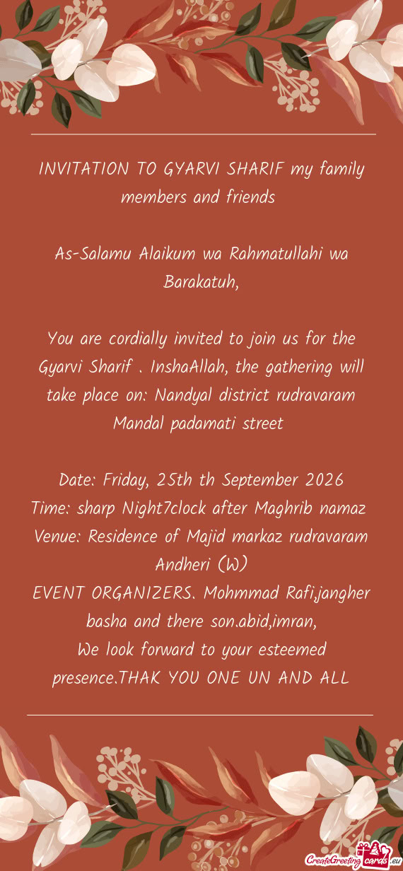 INVITATION TO GYARVI SHARIF my family members and friends