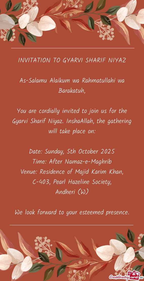 INVITATION TO GYARVI SHARIF NIYAZ
