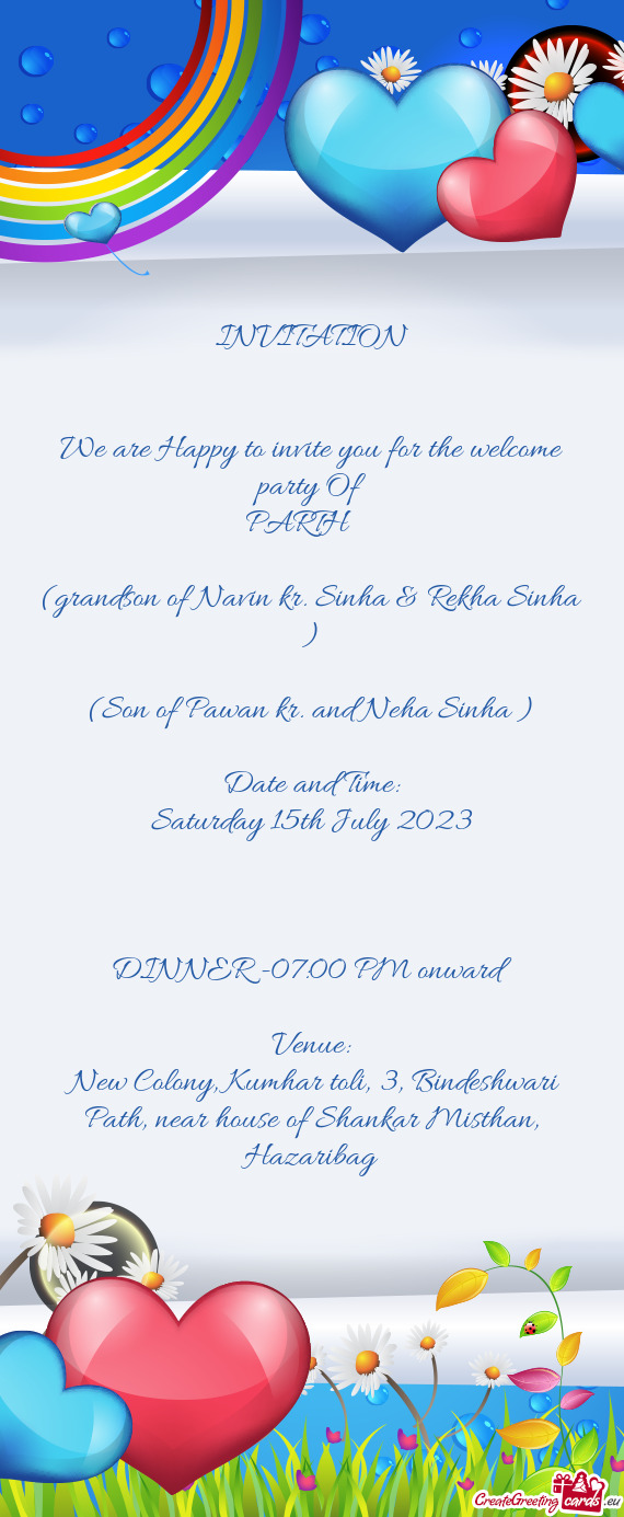 INVITATION  We are Happy to invite you for the welcome party Of PARTH   (grandson of Nav