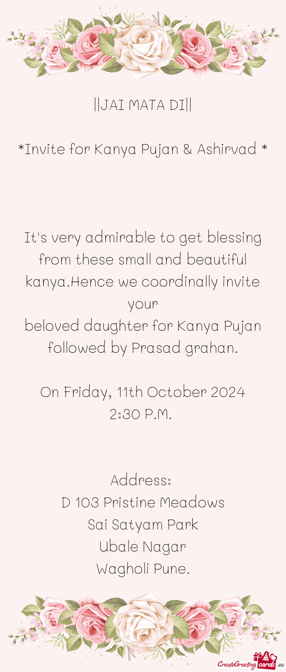 Invite for Kanya Pujan & Ashirvad