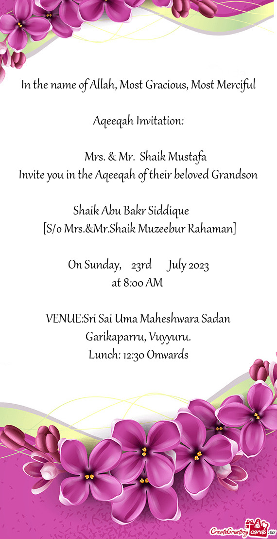 Invite you in the Aqeeqah of their beloved Grandson