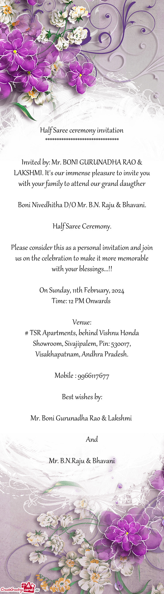 Invited by: Mr. BONI GURUNADHA RAO & LAKSHMI. It