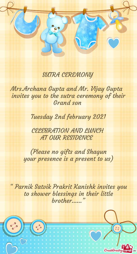 Invites you to the sutra ceremony of their Grand son