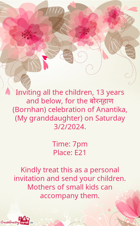 Inviting all the children, 13 years and below, for the बोरन्हाण (Bornhan) celebratio