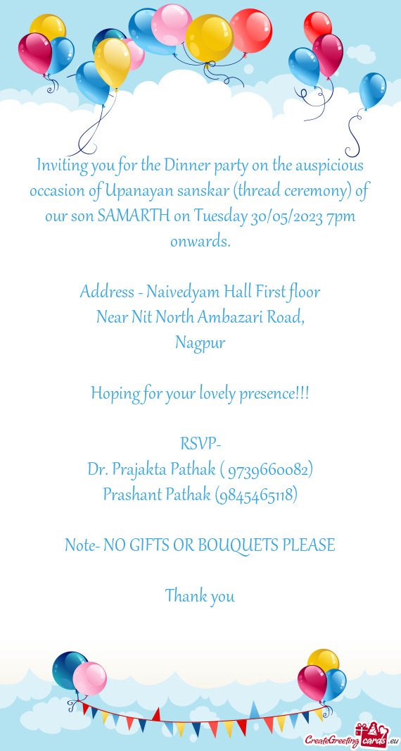 Inviting you for the Dinner party on the auspicious occasion of Upanayan sanskar (thread ceremony) o