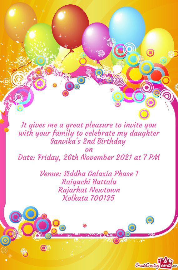 It gives me a great pleasure to invite you with your family to celebrate my daughter Sanvika