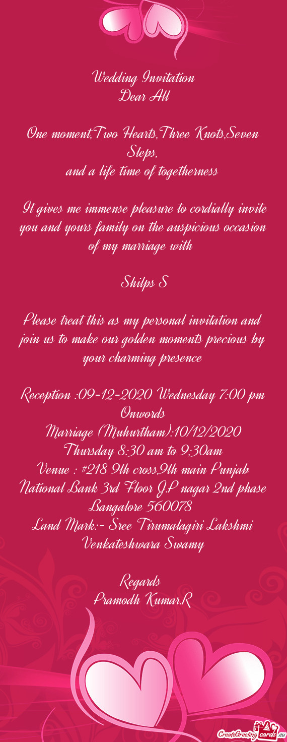 It gives me immense pleasure to cordially invite you and yours family on the auspicious occasion of