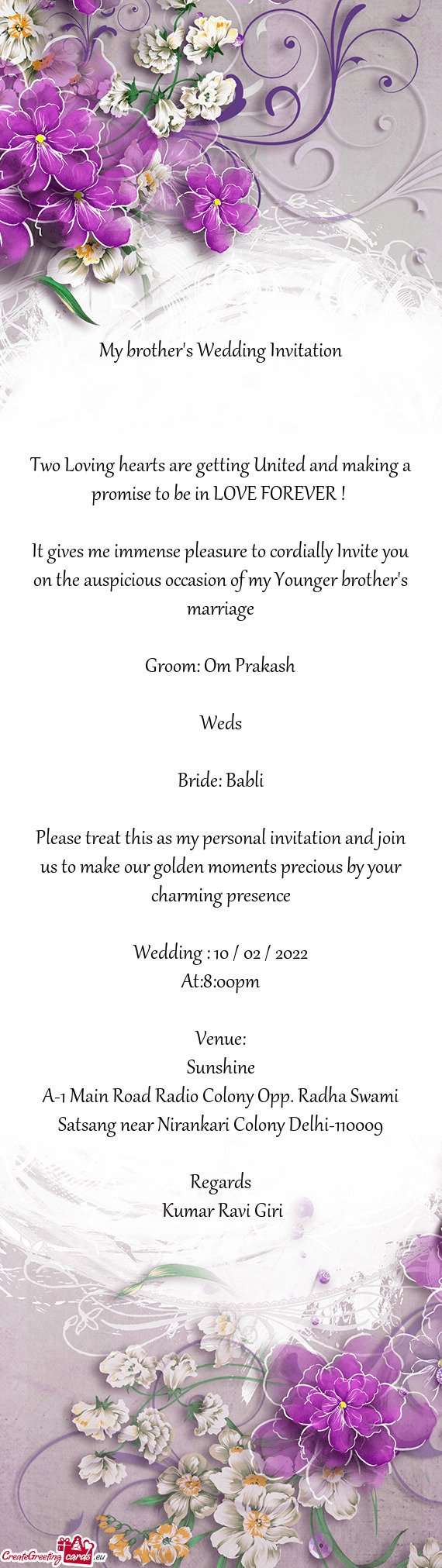 It gives me immense pleasure to cordially Invite you on the auspicious occasion of my Younger brothe