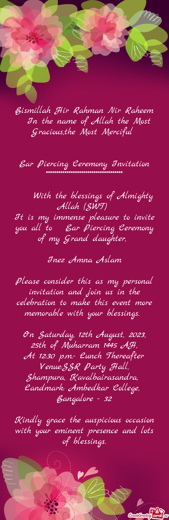 It is my immense pleasure to invite you all to Ear Piercing Ceremony of my Grand daughter