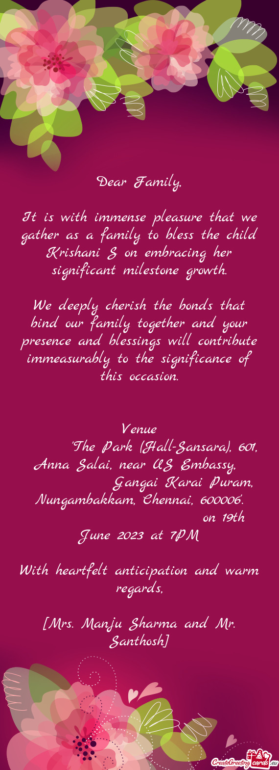 It is with immense pleasure that we gather as a family to bless the child Krishani S on embracing he