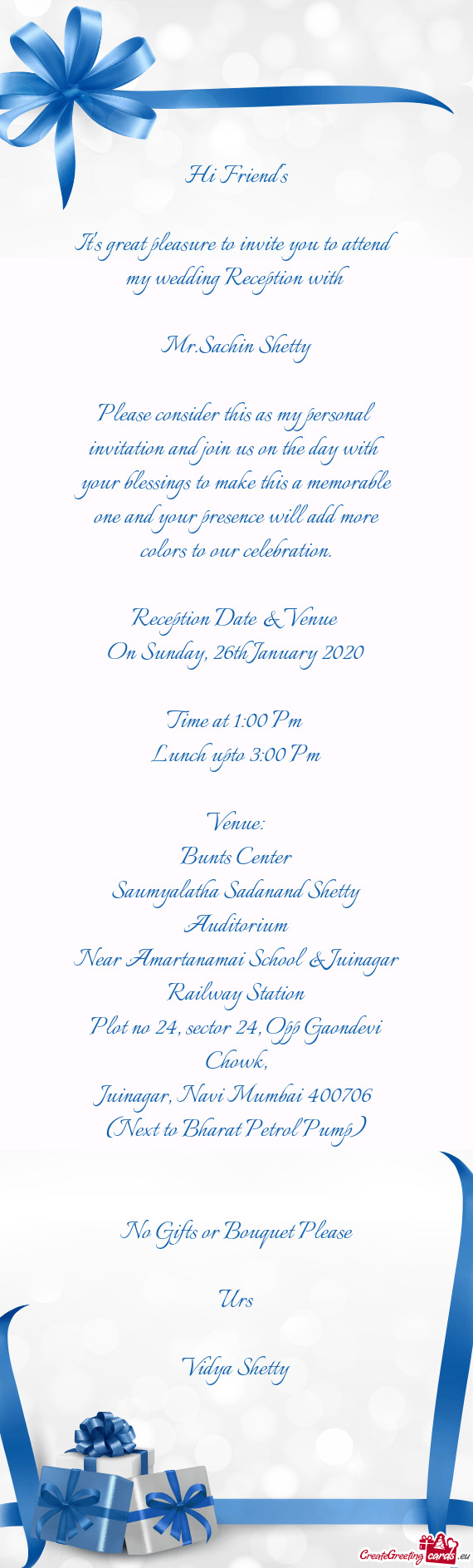 It's great pleasure to invite you to attend my wedding Reception with