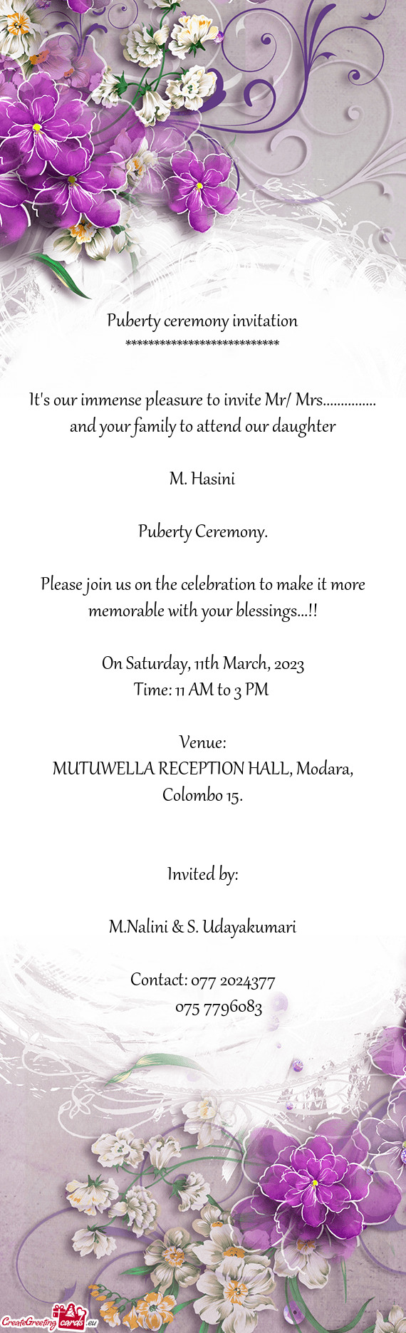 It's our immense pleasure to invite Mr/ Mrs............... and your family to attend our daughter