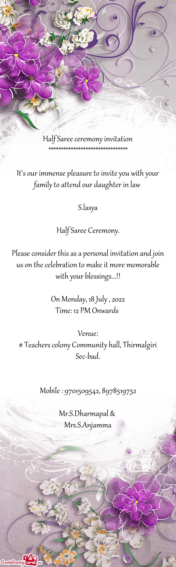 It's our immense pleasure to invite you with your family to attend our daughter in law