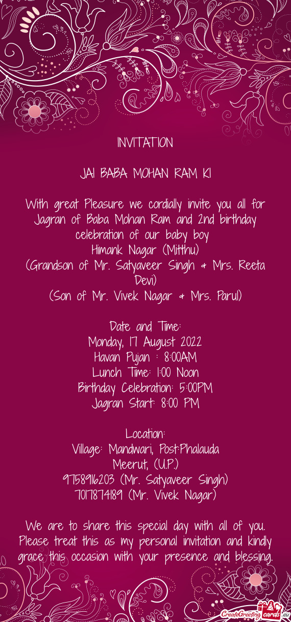 Jagran of Baba Mohan Ram and 2nd birthday celebration of our baby boy