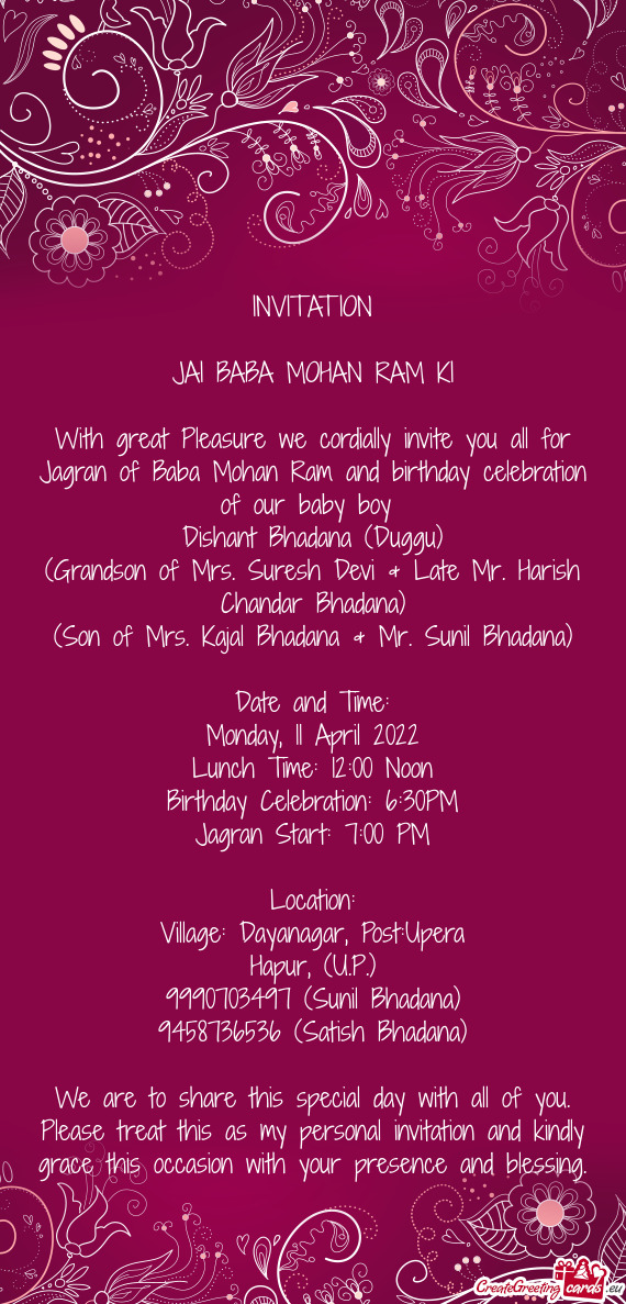 Jagran of Baba Mohan Ram and birthday celebration of our baby boy