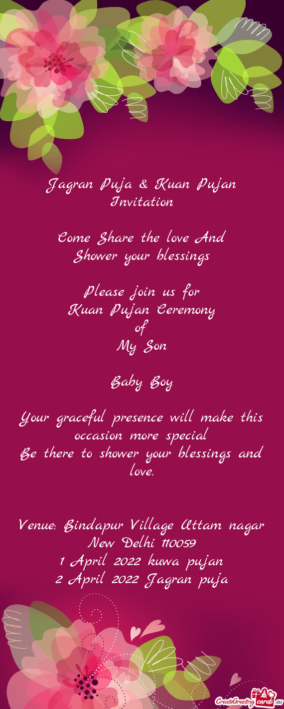 Jagran Puja & Kuan Pujan Invitation Come Share the love And Shower your blessings Please join