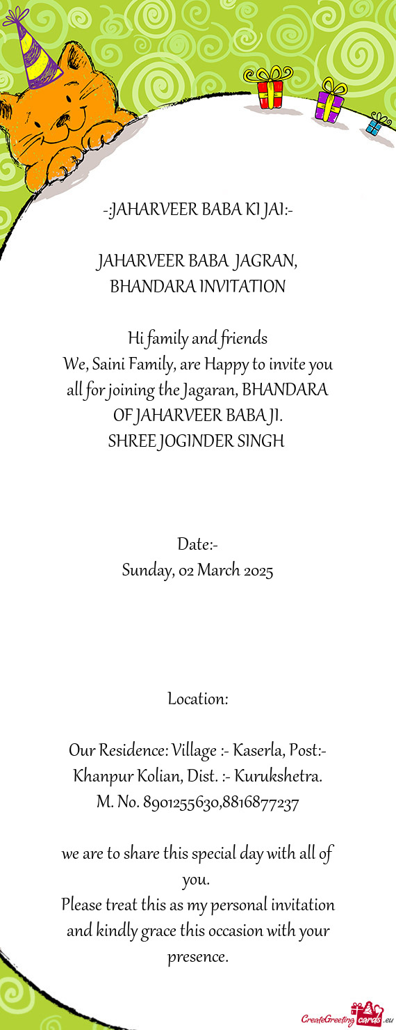 JAHARVEER BABA JAGRAN, BHANDARA INVITATION