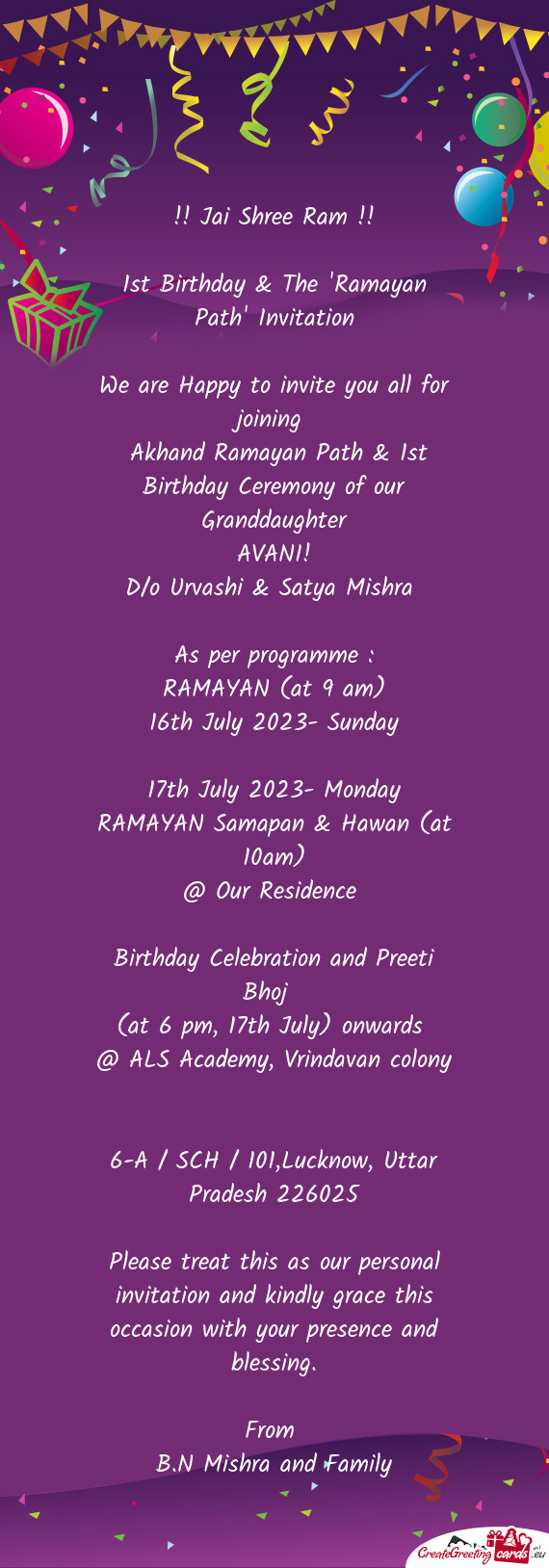 Jai Shree Ram !! 1st Birthday & The "Ramayan Path" Invitation We are Happy to invite you al