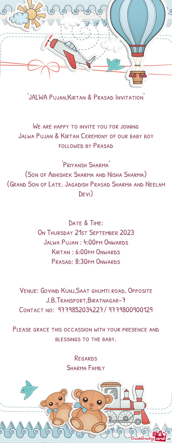 "JALWA Pujan,Kirtan & Prasad Invitation"