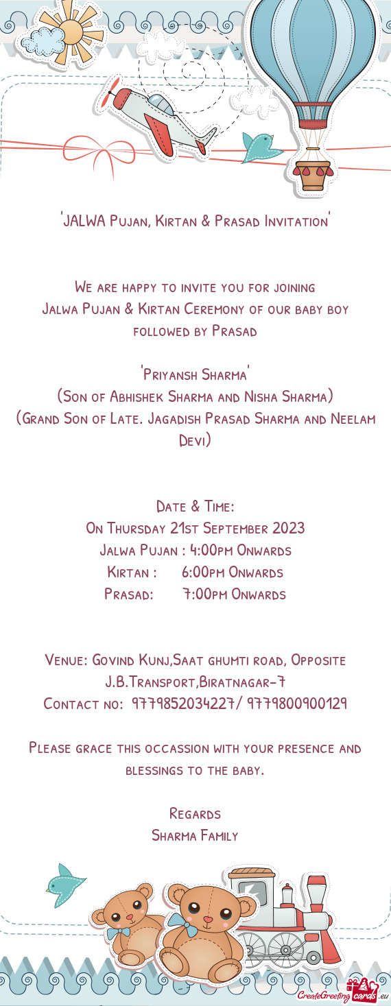 "JALWA Pujan, Kirtan & Prasad Invitation"
