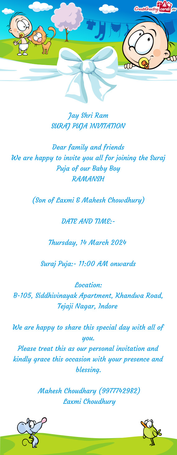 Jay Shri Ram SURAJ PUJA INVITATION Dear family and friends We are happy to invite you all for j