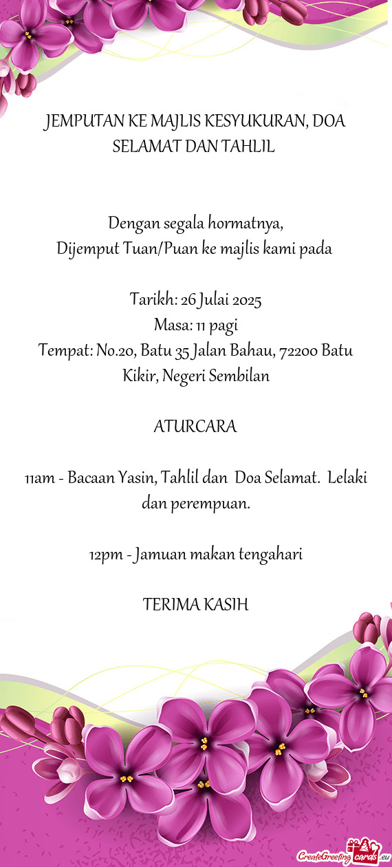 JEMPUTAN KE MAJLIS KESYUKURAN, DOA SELAMAT DAN TAHLIL