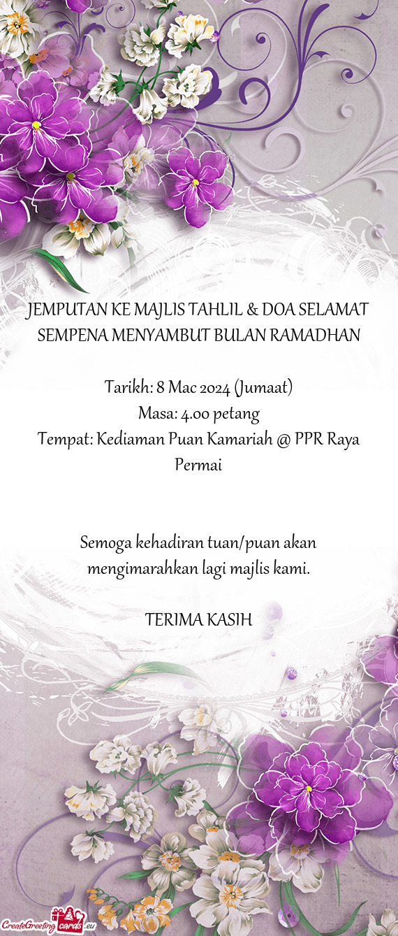 JEMPUTAN KE MAJLIS TAHLIL & DOA SELAMAT SEMPENA MENYAMBUT BULAN RAMADHAN