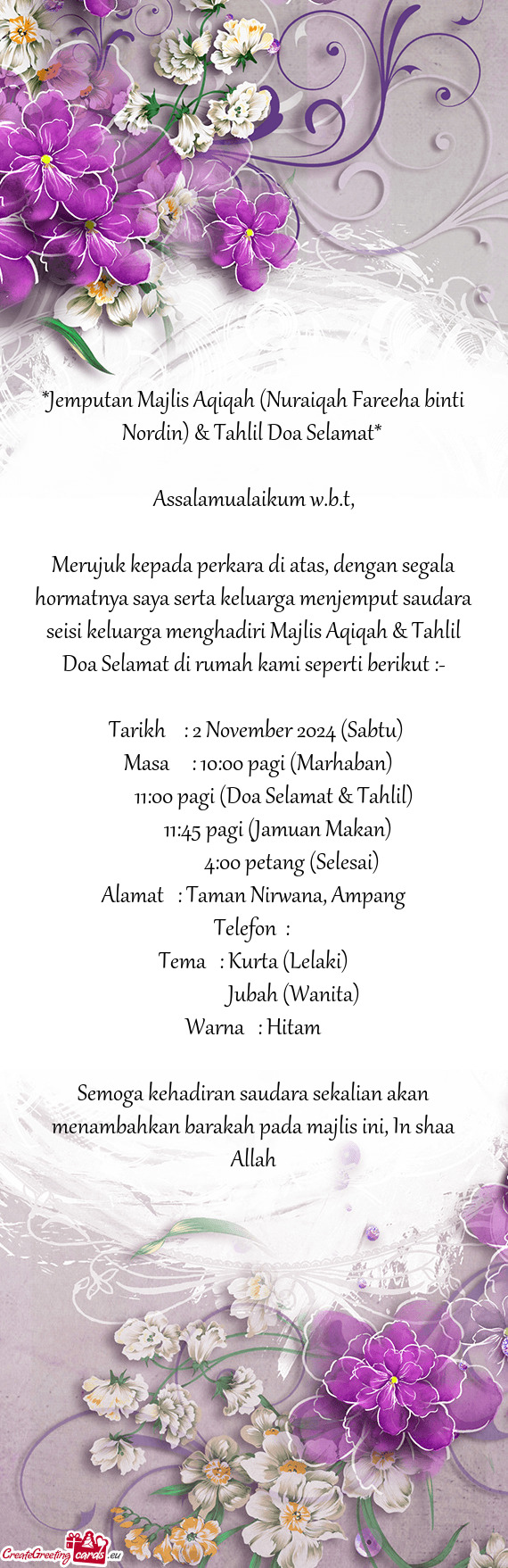 Jemputan Majlis Aqiqah (Nuraiqah Fareeha binti Nordin) & Tahlil Doa Selamat