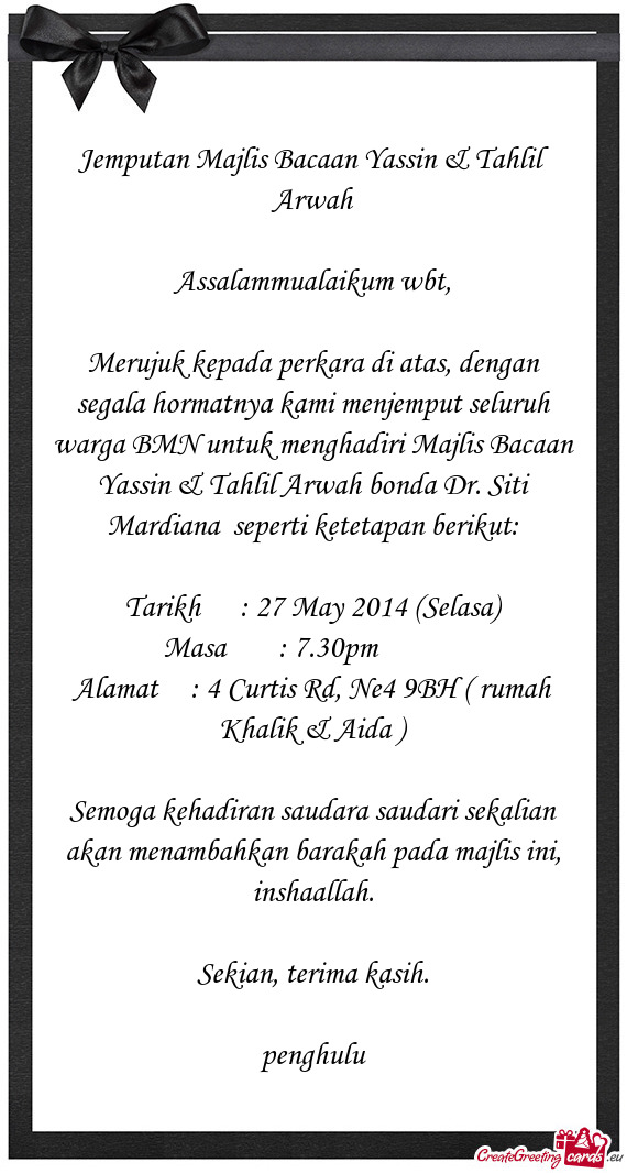 Jemputan Majlis Bacaan Yassin & Tahlil Arwah