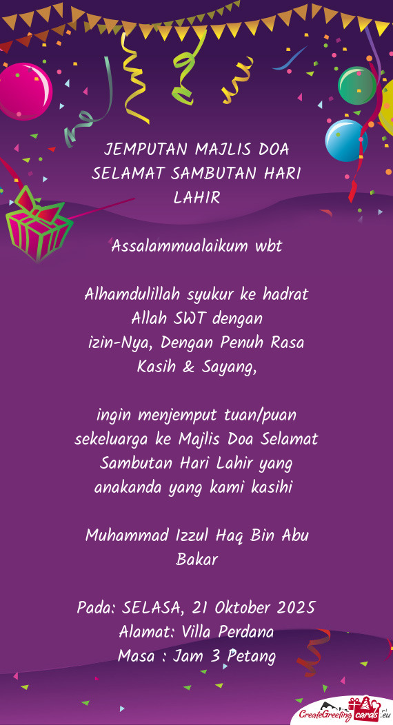 JEMPUTAN MAJLIS DOA SELAMAT SAMBUTAN HARI LAHIR