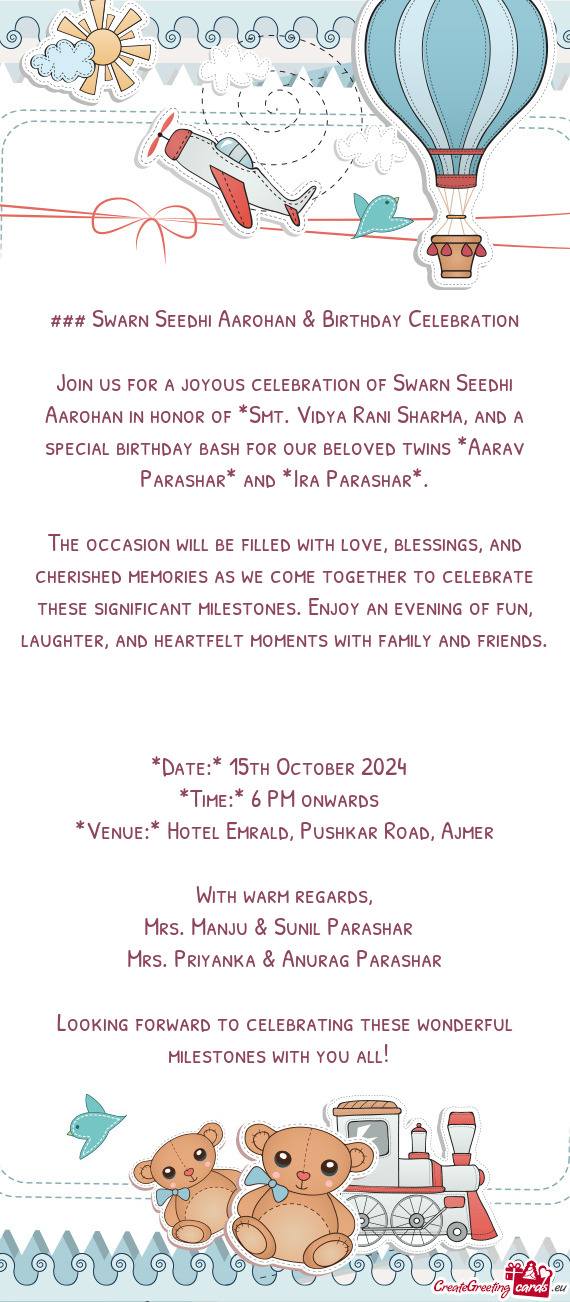 Join us for a joyous celebration of Swarn Seedhi Aarohan in honor of *Smt. Vidya Rani Sharma, and a