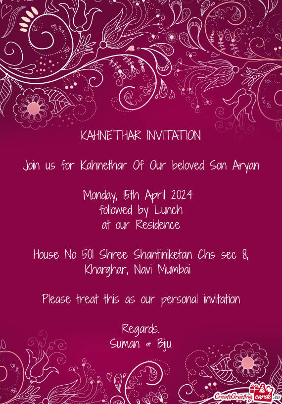 Join us for Kahnethar Of Our beloved Son Aryan